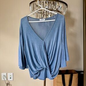 Powder Blue Relaxed Tie Front 3/4 Sleeve Blouse